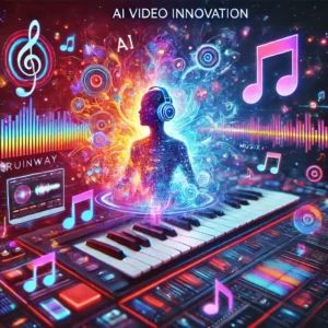 DALLE 2024-10-08 071501 - An illustration representing the AI video innovation by Runway and Musixmatch Depict a vibrant futuristic video editing interface with AI tools whe - innovaTopia