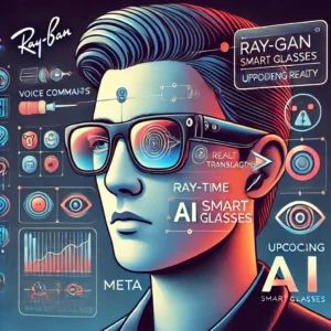 DALLE 2024-10-08 071511 - An illustration showing Metas Ray-Ban smart glasses with upcoming AI features Show stylish smart glasses with a digital interface projected in front - innovaTopia