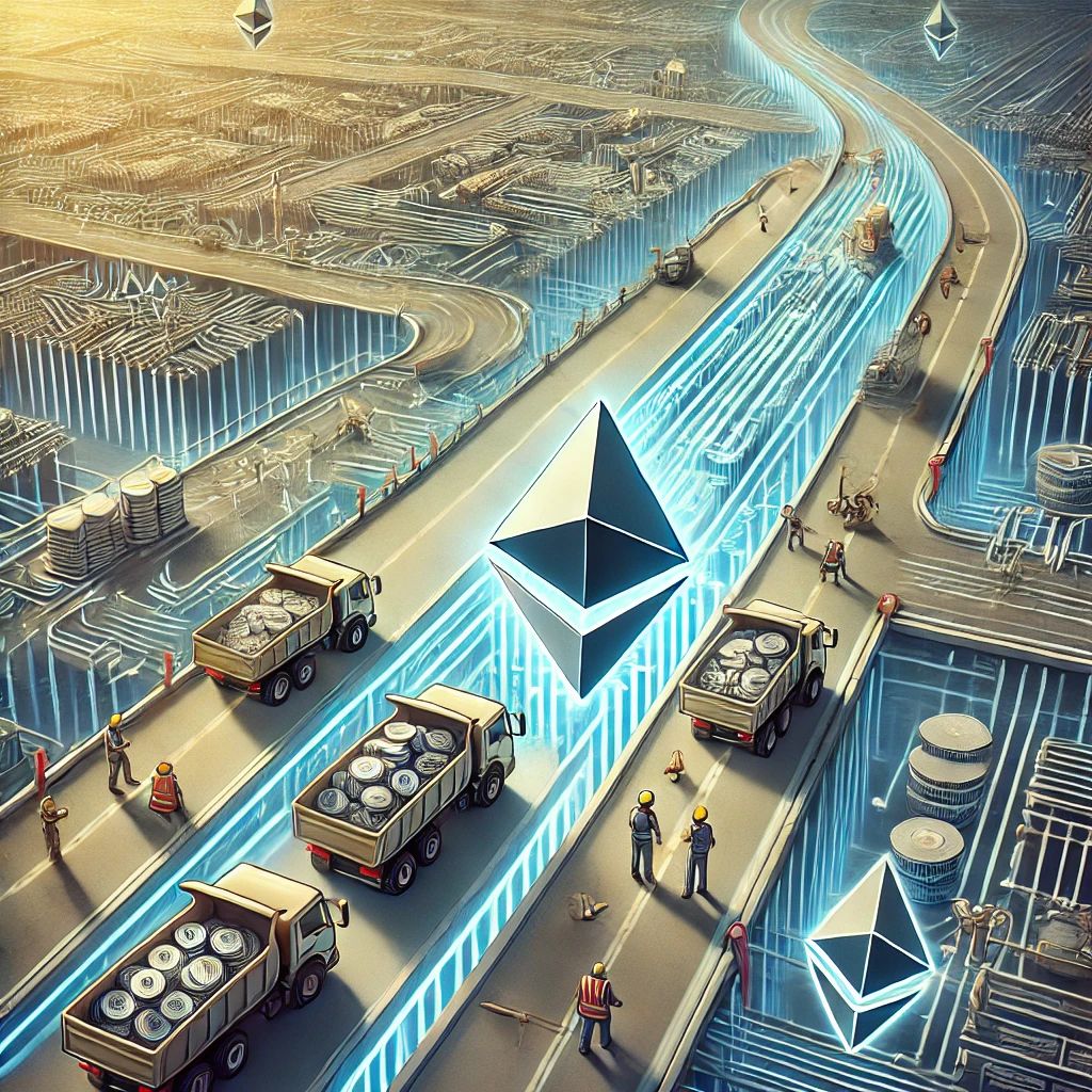 DALLE 2024-10-11 075741 - An image showing Ethereums Dencun update paving the way for sharding Depict a futuristic blockchain highway being built with multiple layers repres - innovaTopia