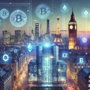 DALLE 2024-10-11 081958 - A futuristic city skyline at dusk with European landmarks like the Eiffel Tower and Big Ben subtly integrated with digital holograms representing cry - innovaTopia