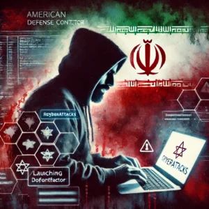 DALLE 2024-10-23 145445 - A watercolor painting of an Iranian man depicted as a shadowy figure in front of a laptop launching cyberattacks In the background digital codes a - innovaTopia