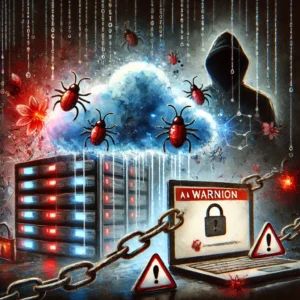 DALLE 2024-10-23 145504 - A watercolor painting of a cloud server being attacked by malware Digital chains and bugs surround the cloud while warning signs and red flashing ic - innovaTopia