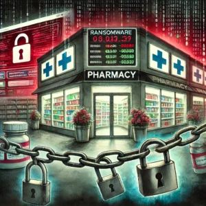 DALLE 2024-10-23 145508 - A watercolor painting of a ransomware attack on a pharmacy The store is depicted with shelves of medicines while digital chains and locks surround th - innovaTopia