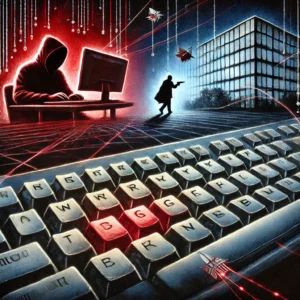 DALLE 2024-10-23 145520 - A watercolor painting of a computer keyboard with the wrong keys highlighted in red symbolizing a typosquatting attack In the background a shadowy - innovaTopia