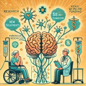 DALLE 2024-10-31 012612 - A hopeful illustration of Parkinsons research showing brain neurons and medical symbols representing new treatments inspired by Kenais million - innovaTopia