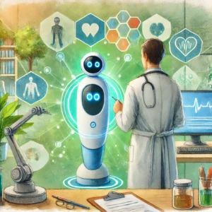 DALLE 2024-10-31 014354 - Watercolor painting illustrating the innovation of virtual care through AI assistants bringing trust and efficiency to healthcare The scene shows a - innovaTopia