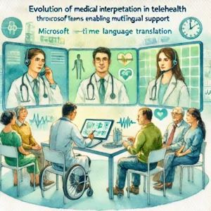 DALLE 2024-10-31 014406 - Watercolor illustration showing the evolution of medical interpretation in telehealth through Microsoft Teams enabling multilingual support The scene - innovaTopia
