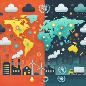 DALLE 2024-11-09 010017 - Illustration of the world map with highlighted areas showing low air pollution levels and a contrasting backdrop of pollution clouds Icons represent - innovaTopia