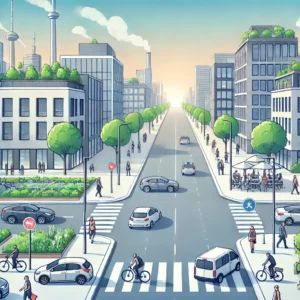 DALLE 2024-11-09 010021 - Illustration of a modern European cityscape with no cars showing people walking biking and enjoying clean air and open spaces The scene emphasizes - innovaTopia