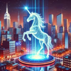 DALLE 2025-01-22 100443 - An illustration depicting the celebration of UK unicorn companies with a 3D hologram installation in New York City The image shows a glowing futuris - innovaTopia