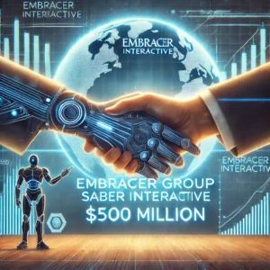 DALLE 2025-01-22 103928 - An impactful illustration of Embracer Group selling Saber Interactive for 0 million The scene shows a symbolic handshake between executives with - innovaTopia