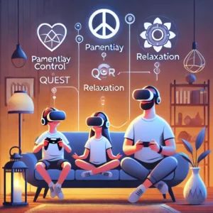 DALLE 2025-01-24 123746 - An illustration of Metas new parental control and relaxation features for Quest headsets The image shows a family using VR together in a cozy settin - innovaTopia
