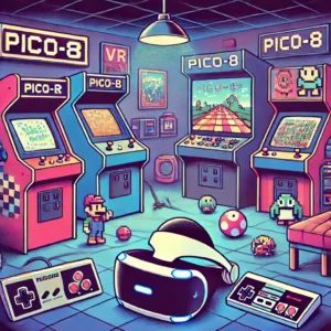 DALLE 2025-01-24 123750 - An illustration showcasing a VR arcade integrating retro gaming with Pico-8 titles The scene highlights a colorful and nostalgic environment where mo - innovaTopia