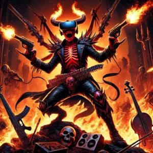 DALLE 2025-01-24 130247 - An intense and dark illustration of the VR version of Metal_ Hellsinger featuring a demonic character with a fiery backdrop wielding weapons in rh - innovaTopia