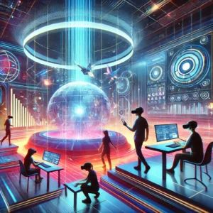 DALLE 2025-01-24 130251 - A futuristic illustration of Metas VR environment with a scene of users enjoying immersive experiences without visible safety boundaries The focus i - innovaTopia