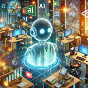 DALLE 2025-01-28 030307 - An engaging illustration highlighting Microsofts integration of AI chatbots in Excel and Outlook Show a futuristic office environment with glowing A - innovaTopia