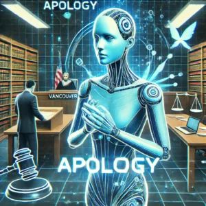 DALLE 2025-01-28 030315 - A striking illustration of a lawyer in Vancouver caught using AI to generate false legal precedents Show a courtroom setting with a holographic AI as - innovaTopia