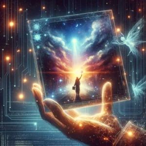DALLE 2024-04-02 105524 - Create an artwork for a song titled Digital Farewell capturing the essence of reconnection and the complex emotions surrounding the use of AI to re - innovaTopia