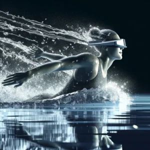 DALLE 2024-04-03 081931 - A dynamic illustration of a female swimmer performing the butterfly stroke in a pool equipped with sleek minimalistic VR goggles The swimmers body - innovaTopia