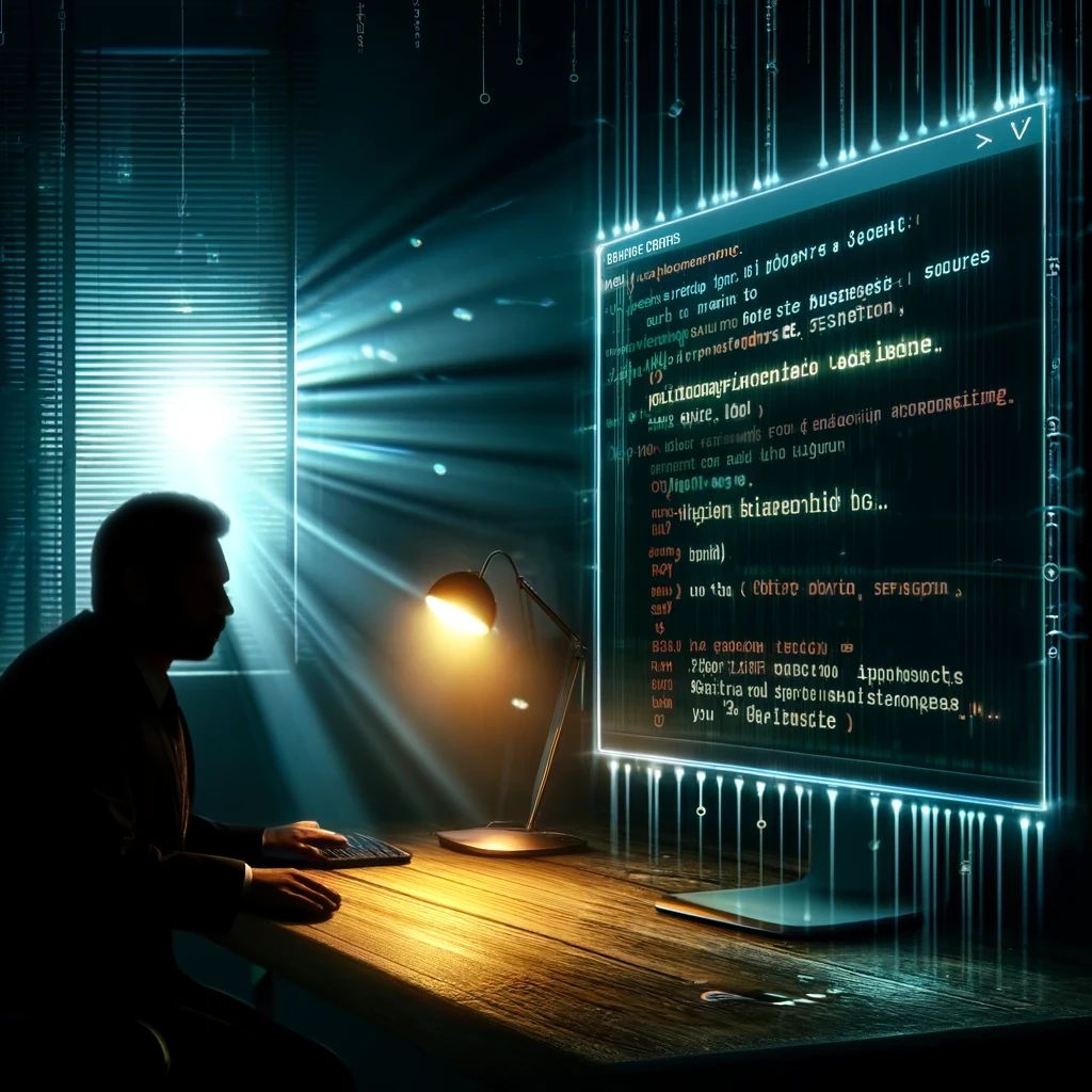 DALLE 2024-04-07 102501 - Create a serious and impactful illustration that metaphorically depicts the incident of a business man inadvertently leaking internal source code via - innovaTopia ASCII アート攻撃が AI チャットボットのセキュリティを脅かす