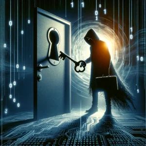 DALLE 2024-04-09 104524 - Create an image depicting the dark web as a shadowy figure using a digital key to unlock a back door symbolizing unauthorized access to personal inf - innovaTopia
