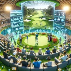 DALLE 2024-04-10 082835 - Visualize a scene where the gallery of spectators is participating in a futuristic golf competition through an online virtual environment People are - innovaTopia