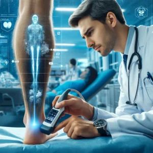 DALLE 2024-04-10 102005 - Create an image of a healthcare professional using a handheld wireless AI ultrasound scanner in the process of detecting Deep Vein Thrombosis DVT - innovaTopia