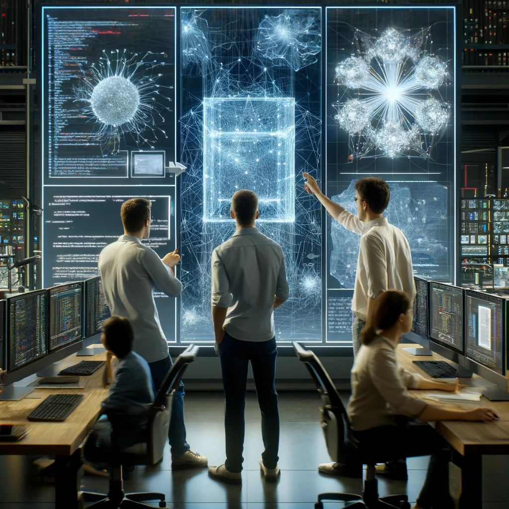 DALLE-2024-04-11-144049-Three-engineers-are-deeply-engaged-in-AI-research-within-a-high-tech-laboratory-setting-The-scene-shows-them-standing-around-a-large-digital-display- - innovaTopia