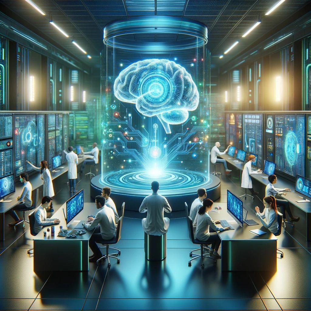 DALLE-2024-04-11-144142-A-futuristic-AI-lab-filled-with-holographic-displays-and-sleek-computers-In-the-center-a-diverse-team-of-scientists-and-engineers-collaborate-around - innovaTopia