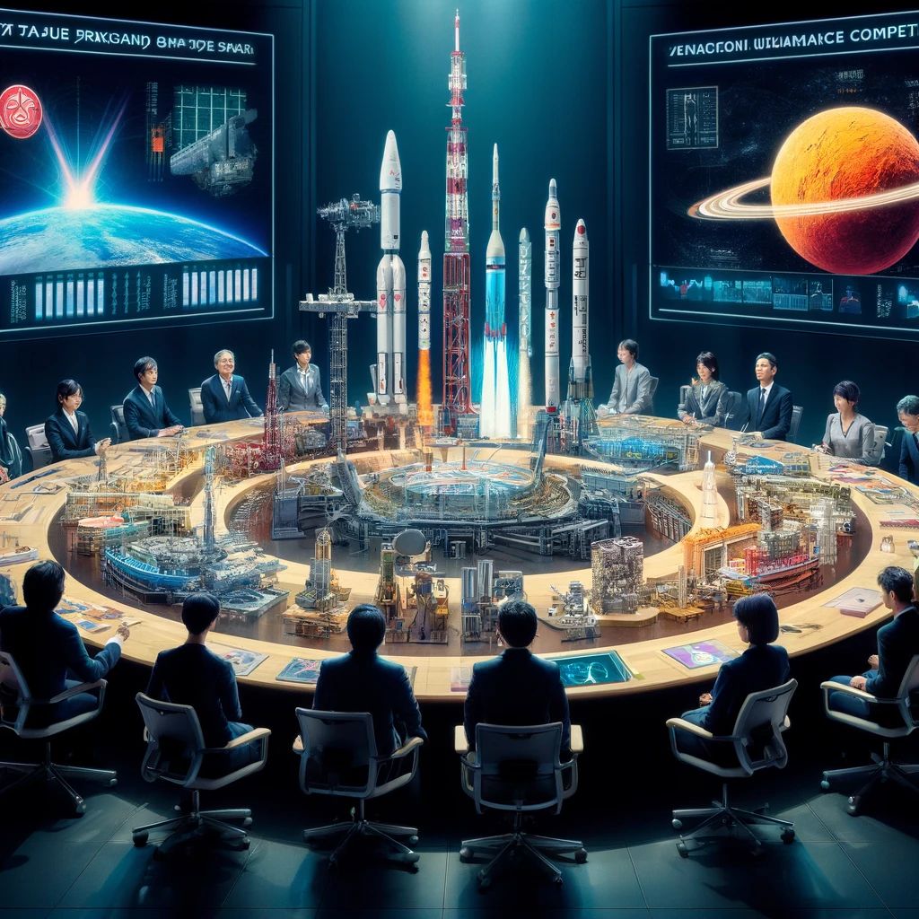 DALLE-2024-04-14-171007-An-imaginative-scene-depicting-eight-Japanese-private-companies-collaborating-competitively-to-advance-into-space-The-image-shows-representatives-fro - innovaTopia