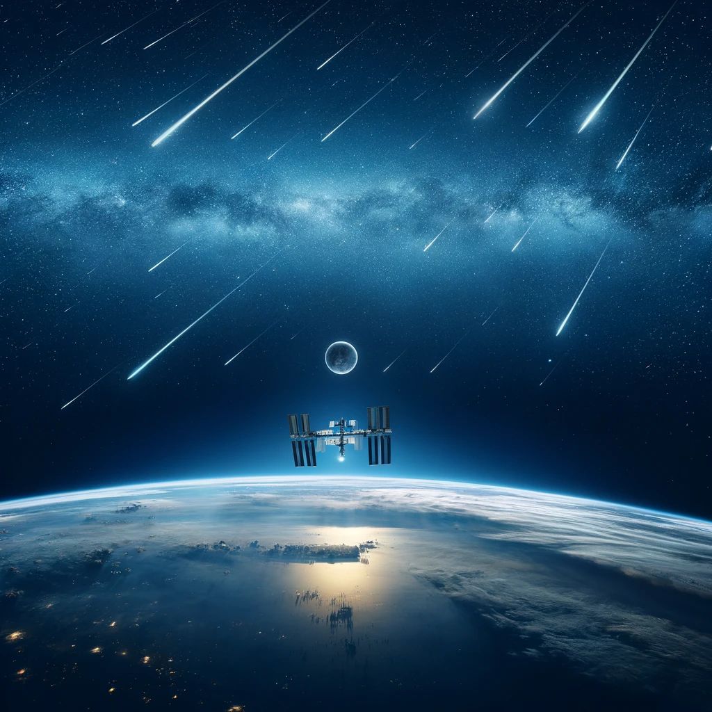 DALLE-2024-04-14-171314-A-stunning-night-sky-scene-featuring-a-meteor-shower-and-a-visible-space-station-The-sky-is-deep-blue-and-dotted-with-bright-stars-Meteors-streak-ac - innovaTopia