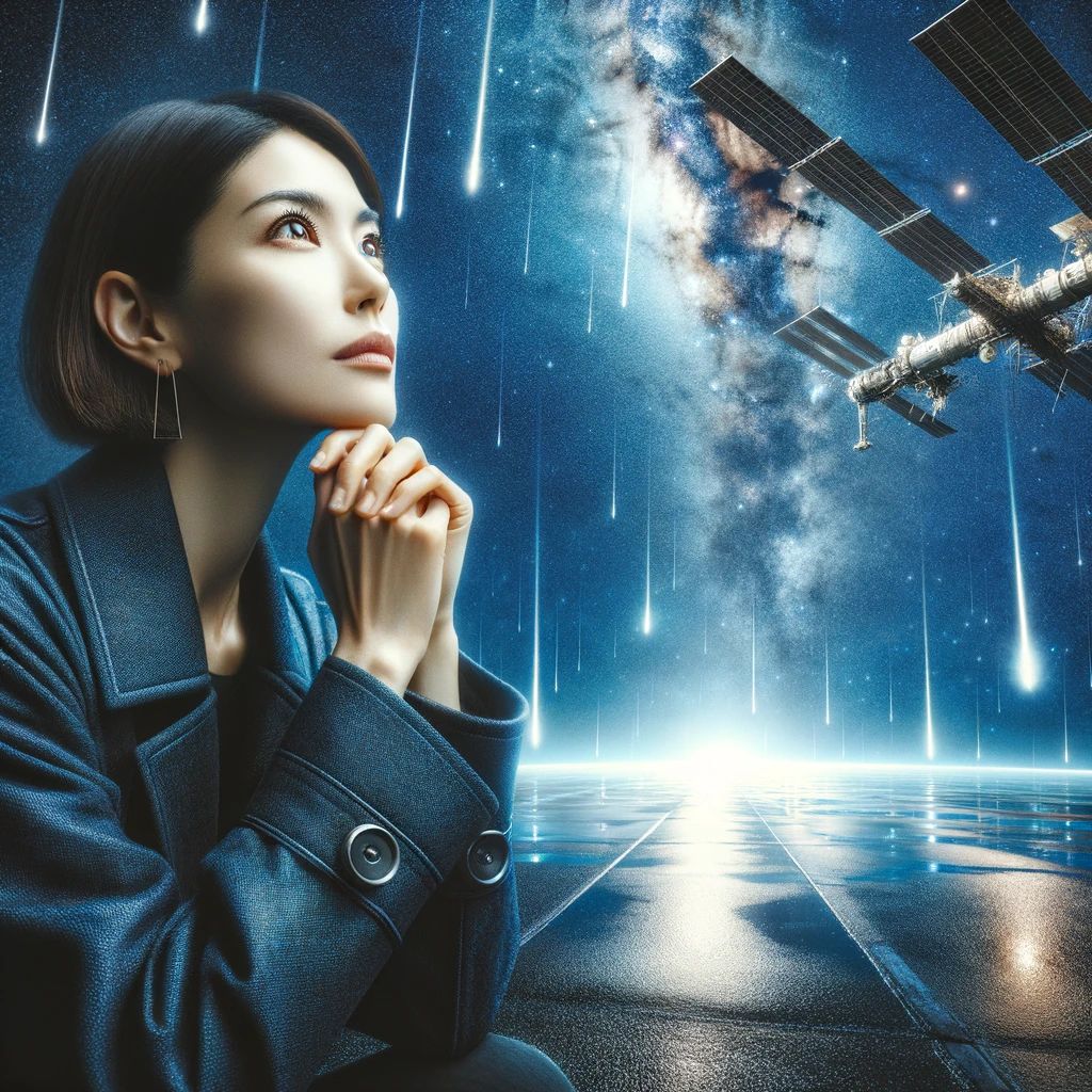 DALLE-2024-04-14-171521-A-modern-Japanese-woman-gazing-upwards-at-a-stunning-night-sky-filled-with-a-meteor-shower-and-a-visible-space-station-from-a-ground-perspective-The - innovaTopia