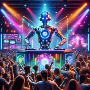 DALLE 2024-04-14 221224 - A vibrant party scene with an AI DJ fully energized at the center surrounded by an enthusiastic crowd of dancing people The AI DJ a humanoid robot - innovaTopia
