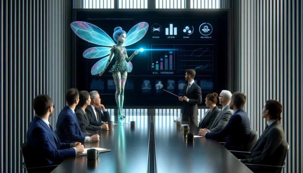 DALLE-2024-04-22-132010-A-whimsical-scene-in-a-modern-high-tech-boardroom-where-a-fairy-like-AI-character-is-presenting-to-a-group-of-investors-The-fairy-with-delicate-sh - innovaTopia