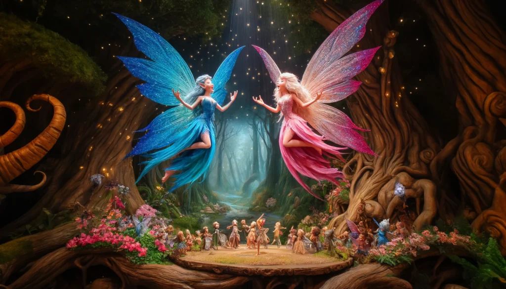 DALLE-2024-04-22-132118-A-magical-scene-depicting-two-fairies-having-a-singing-battle-in-an-enchanted-forest-Each-fairy-is-vibrantly-colored-one-with-wings-shimmering-in-sh - innovaTopia