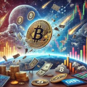 DALLE 2024-06-28 080739 - A financial market scene with falling Bitcoin symbols DeFi platforms and trading charts representing the turbulence in the market and new developme - innovaTopia