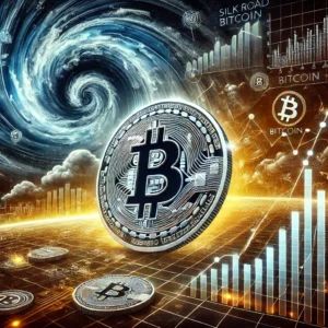 DALLE 2024-06-29 082603 - An illustration of a digital market screen showing the Silk Road Bitcoin movement with swirling graphics indicating market turbulence Bitcoin symbol - innovaTopia