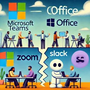 DALLE 2024-06-30 045643 - An illustration showing Microsoft Teams and Office logos separating with a backdrop of Zoom and Slack logos The scene symbolizes market competition - innovaTopia