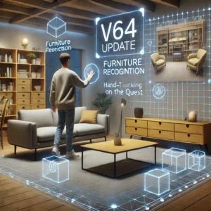 DALLE 2024-06-30 051402 - An interior room scene with virtual furniture and a user interacting with hand-tracking features on the Quest Digital elements highlight the v64 upda - innovaTopia