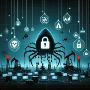 DALLE 2024-07-02 093932 - An illustration showing the Rhadamanthys malware targeting the oil and gas industry with new phishing attacks with symbols of cybersecurity threats - innovaTopia