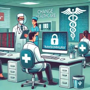 DALLE 2024-07-03 050420 - An illustration of a healthcare company office with the Change Healthcare logo under a ransomware attack by RansomHub showing concerned staff and - innovaTopia