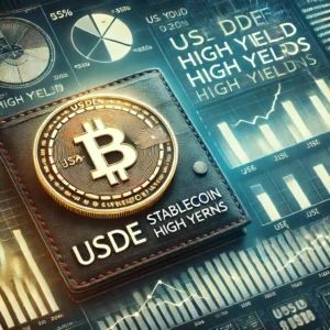 DALLE 2024-07-03 074439 - A digital wallet interface showing the USDe stablecoin with high yield options The background features financial charts and symbols representing the - innovaTopia