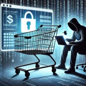 DALLE 2024-07-04 045217 - An illustration depicting Magecart attackers posing a new threat to e-commerce sites Show a digital shopping cart with a shadowy figure hacking into - innovaTopia