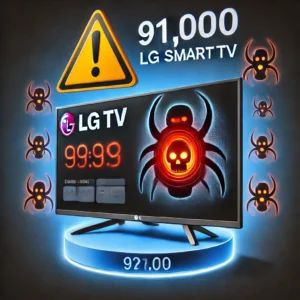 DALLE 2024-07-04 045220 - An illustration showing the danger lurking in 91000 LG smart TVs which are vulnerable to external attacks Depict a smart TV with a warning symbol a - innovaTopia