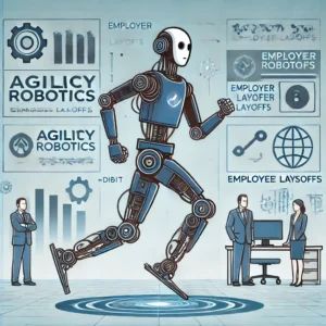 DALLE 2024-07-06 045359 - An illustration showing a bipedal robot named Digit being developed by Agility Robotics with elements indicating employee layoffs highlighting the - innovaTopia