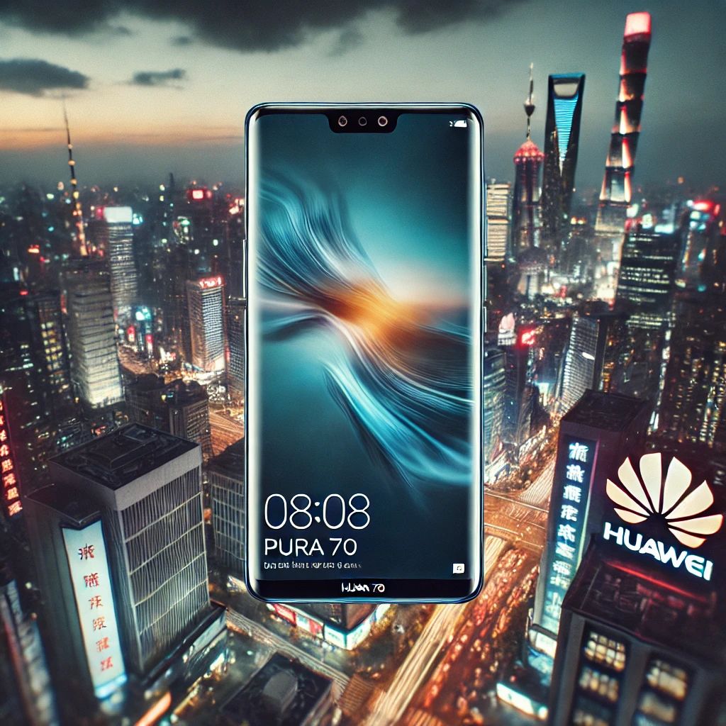 DALLE 2024-07-06 052049 - A cutting-edge smartphone with a sleek design labeled Pura 70 by Huawei set against a backdrop of a bustling Chinese cityscape The phone is promi - innovaTopia