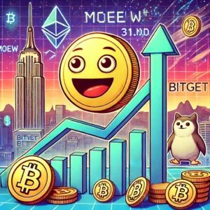 DALLE 2024-07-10 084519 - Illustration showing the surge in market value of the meme coin MOEW to 31 million dollars driven by Bitget Include elements such as cryptocurrenc - innovaTopia