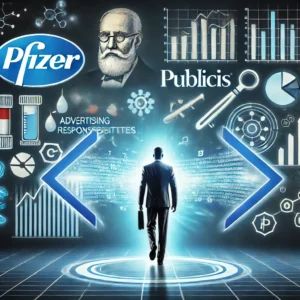 DALLE 2024-07-11 065203 - Illustration representing the transition of advertising responsibilities from Pfizer to Publicis Show elements like logos or symbols of Pfizer and Pu - innovaTopia