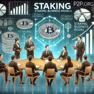 DALLE 2024-07-13 071944 - A professional scene of a business meeting in the crypto market Key figures discussing staking business models The backdrop features the P2Porg log - innovaTopia