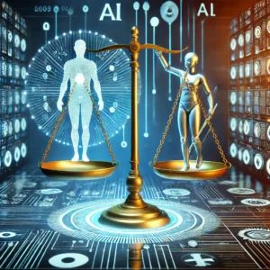 DALLE 2024-09-12 054347 - An image representing ethical responsibility in machine learning development with a figure holding a balance scale where one side represents technolo - innovaTopia